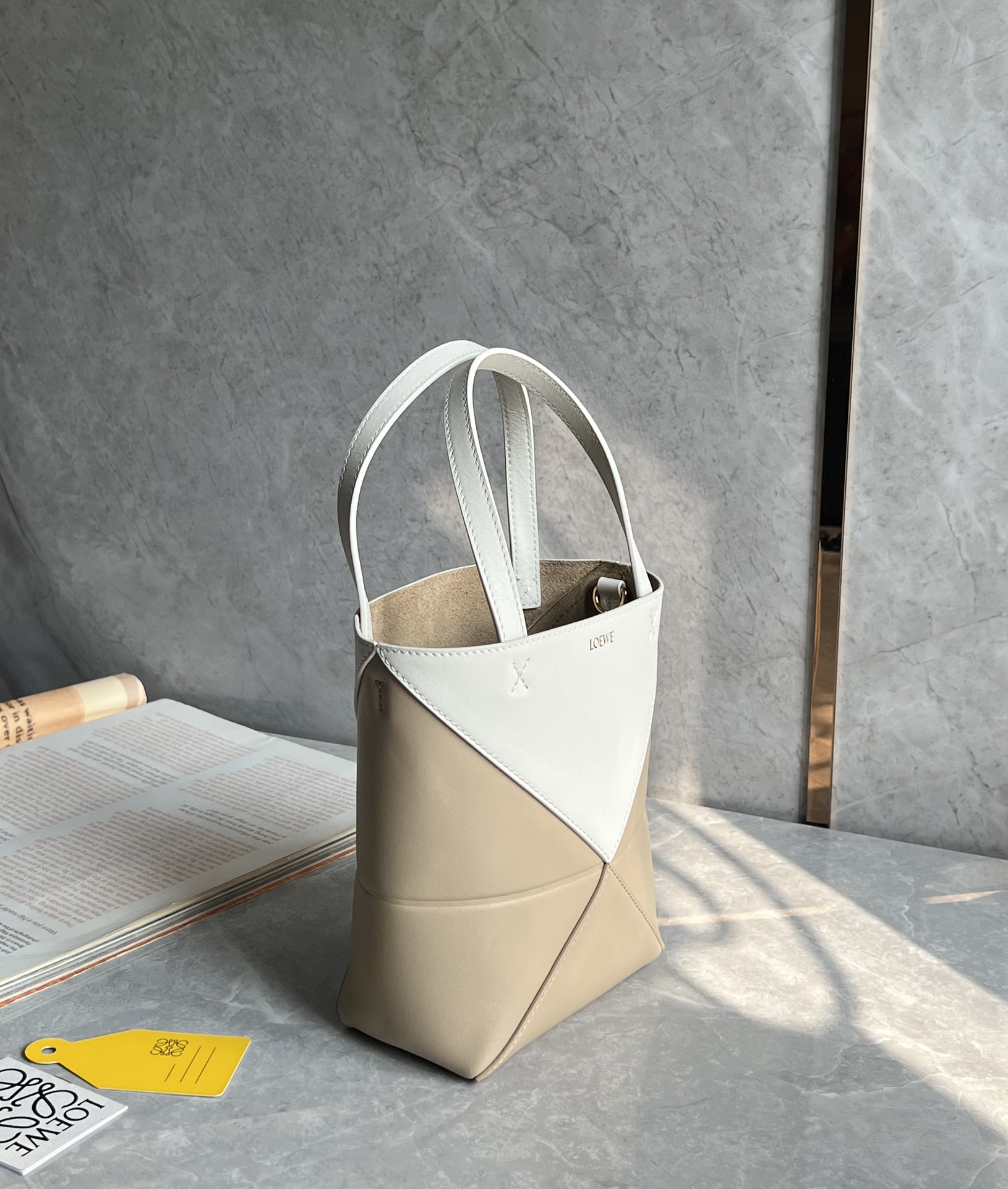 Loewe Mini Puzzle Fold Tote in Shiny Calfskin White/Beige